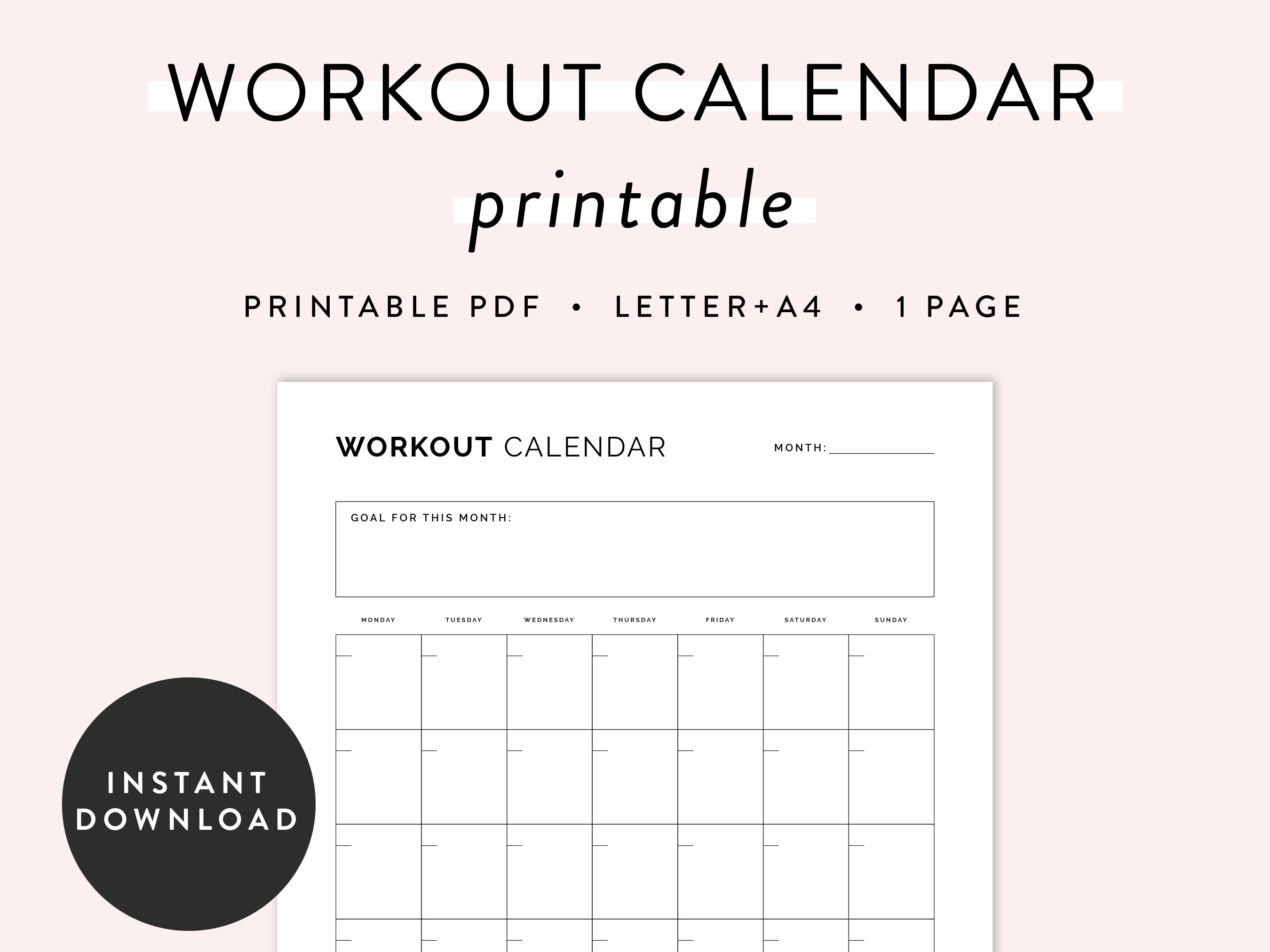 Workout Calendar Planner Printable, Fitness Planner, Health Planner