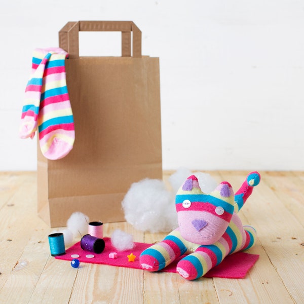 Sock Kitty Craft Kit - craft sewing kit for kids and adults, make your own cat!