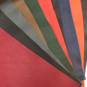 May include: A selection of leather swatches in various colours, including red, black, grey, brown, green, orange, and blue. The leather has a textured surface. The swatches are arranged in a fan shape, displaying the different colours and textures.
