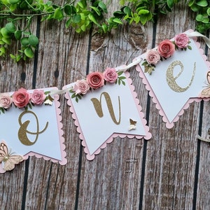 Geburtstagsbanner / Ein Blumenmuster Schmetterling Hochstuhl Banner / Ein Banner / Hochstuhl Banner / Erster Geburtstag Banner / Kuchendeckel / Rosa Schmetterling Banner
