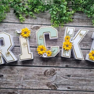 Letras 3D /, letras 3D de girassol, letras 3D personalizadas, decoração de berçário, letras com tema de abelha, cartas de sessão de fotos para esmagar bolo.