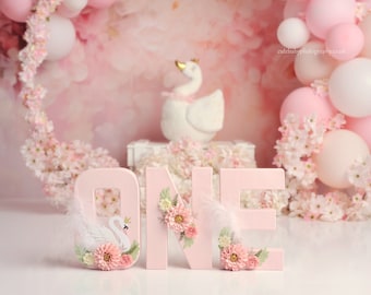 Swan ONE Letters: Floral Paper Mache, First Birthday Decor