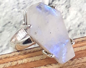 Women Gift Ring. Moonstone Faceted Ring Exclusive Arrive ! Silver Plated Rings Gray Moonstone Coffin Ring Coffin Shape Ring