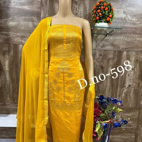 Best Selling Item Semi Stitched Fabric Banarasi Pattern Suit Dress Material For Women Salwar Kameej Dupatta Bollywood Designer Free Size New