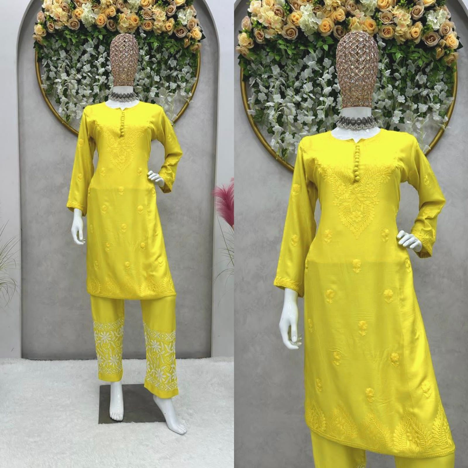 Buy Yellow Chevron Printed Cotton Embroidered Kurta with Off White Palazzo-  Set of 2 | VJ73FEB101/KP/Y/VJ73FEB | The loom