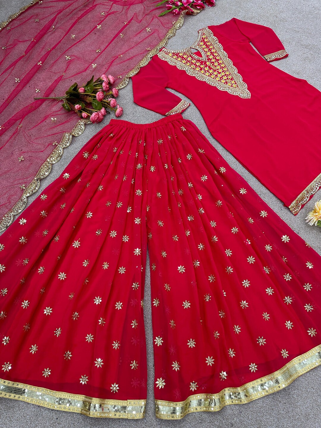 Real Mirror Work Kurta Palazzo Dupatta Indian Pakistani Bridesmaid