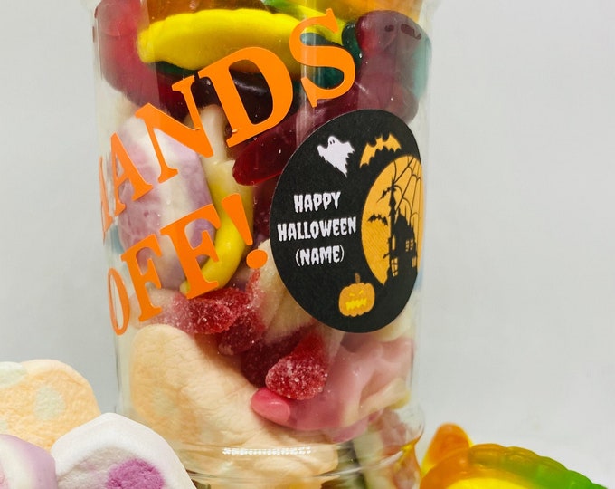 Personalised Halloween sweet jar, goodie jar, Hands off my sweets, Happy Halloween. Sweetie jar, snakes, spider, pumpkins Marshmallows.