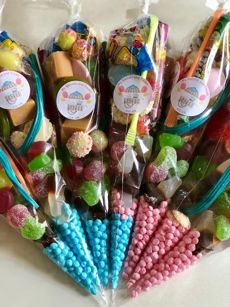 Pre filled large ALL CHOCOLATE sweet cones party bags PERSONALISED birthday