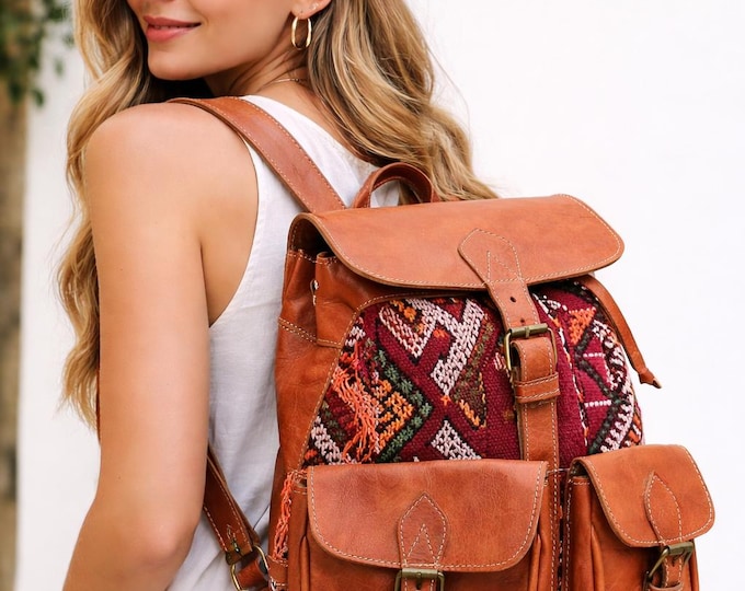 Hippie Women Backpack Purse-Boho Style Ethnic Moroccan Leather Backpack Handmade Berber Kilim Wool Boho Vintage Bag