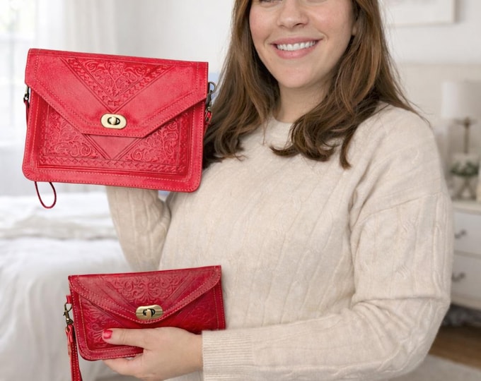 Set Of 2 Bag,Women Moroccan Leather Crossbody Bag with Mini Wristlet Clutch Bag, Red Bag,Studded Genuine Red Leather Purse Women,Red Wallet