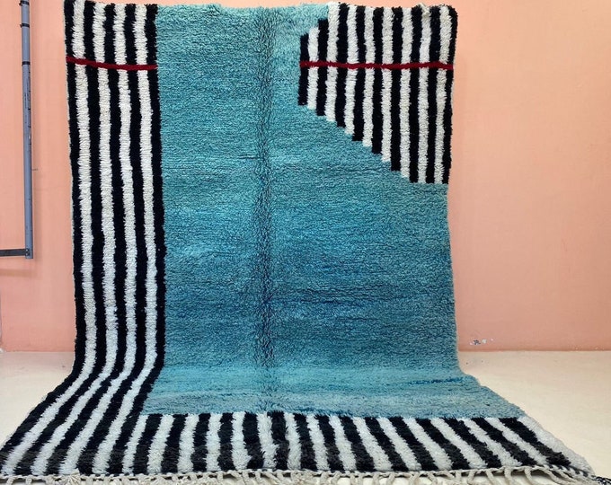 Abstract Moroccan Runner Rug Fluffy Blue Farmhouse Runner Beni Ourain Area Shaggy Area