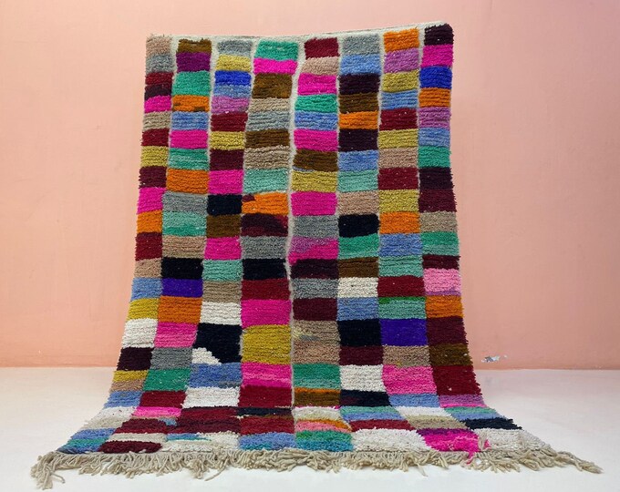 Colorful Checkred Runner Rug Handmade Carpet Teppich Area " Wool " Shaggy  Carpet Checkerboard Hallway
