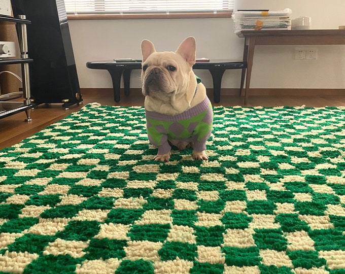 Lovely Green Rug Handmade Carpet Berber Runner  Teppich Area " Wool " Checkred Carpet Checkerboard Rug Green And White