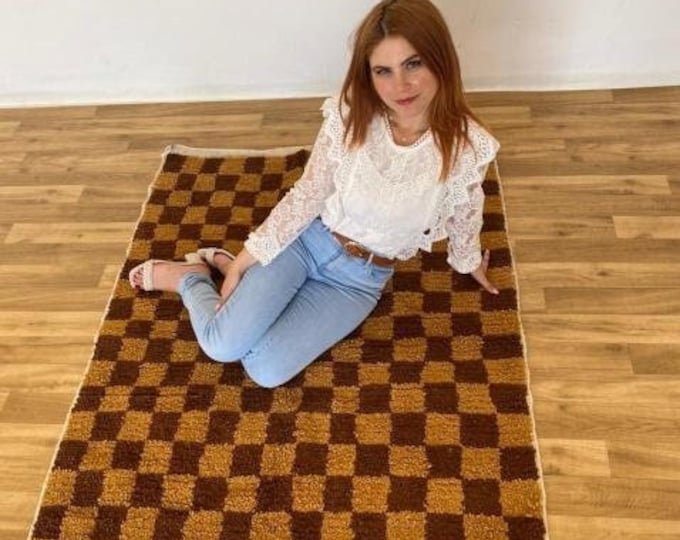 Gorgeous Checkred Rug Stunning Hallway  Teppich Area " Wool " Shaggy  Carpet Checkerboard Runner  Brown