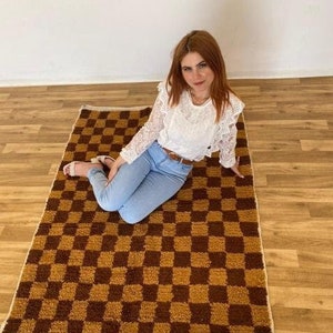Handmade Moroccan Brown Checkerboard Rug: Wool Cotton Blend, Boho Area Carpet