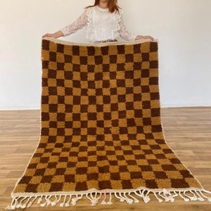Handmade Moroccan Brown Checkerboard Rug: Wool Cotton Blend, Boho Area Carpet