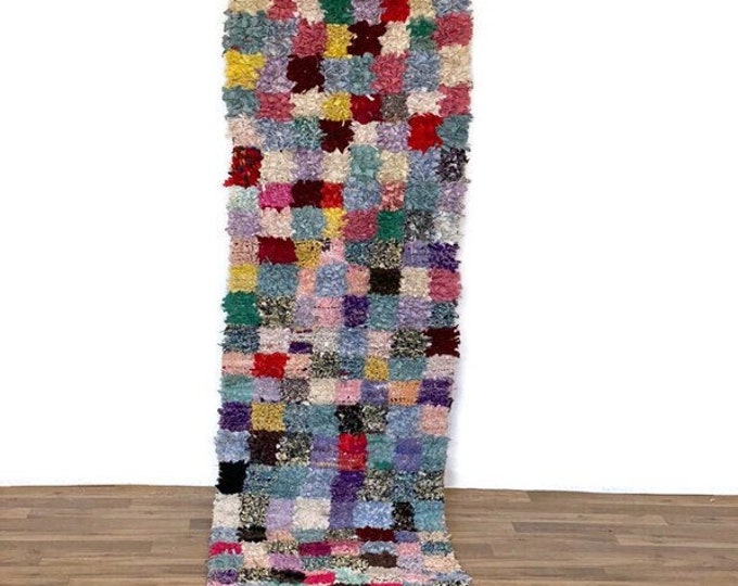 2x8.5 ft,Vintage Moroccan Rug,Super Pretty Berber Rug,Fluffy Shaggy Area Rug,Checkered Runner,Kitchen Rug,Boucherouite Runner