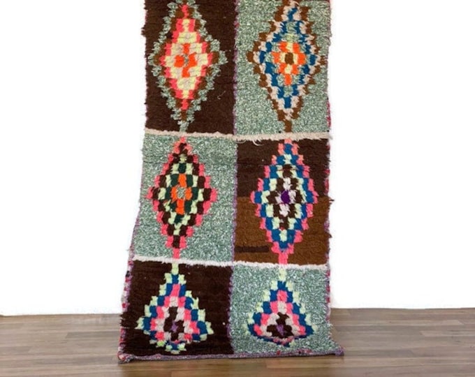 Handwoven Berber Wool Rug,Authentic Tribal Carpet,Beni Ourain Decor,Boho Wool Area Rug, 2'x6' ft,Checkered ug