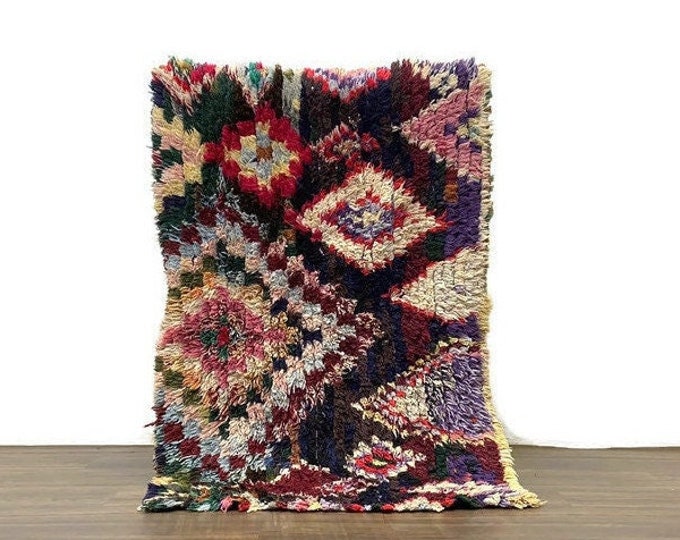 Lovely Rug  Teppiche Carpet Geometric Design Handmade Boucherouite 4'2'x2'6' FT