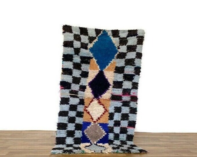 Blue Check Runner Rug,Cherouite Outdoor Rug,Vintage Entryway Shagy Pile Carpet,2.6'x5 ft