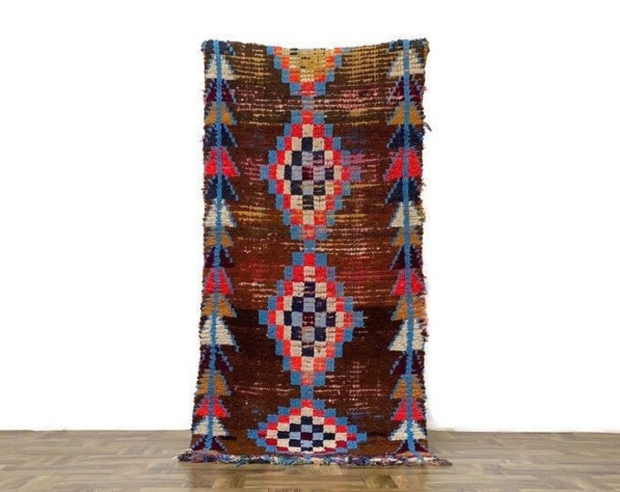 Brown Moroccan Vintage Rug, 2'5x5' ft,Handmade Berber Wool Carpet, Boho Tribal Area Rug, Unique Living Room Deco