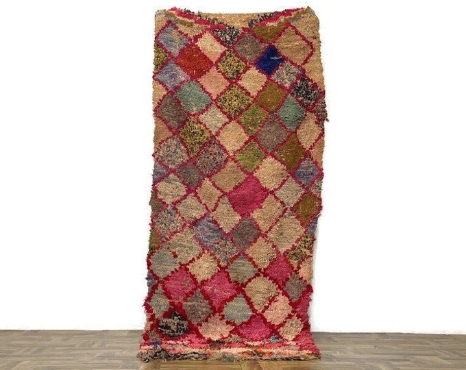 Moroccan Vintage Area Rug,Hand Knotted Berber Wool Carpet ,Tribal Boho Decor ,3'x7.8'ft, Checkered Pink Rug