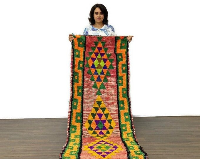 Amazing Colorful Runner Rug,Antique Moroccan Check Runner,Entryway Shagy Soft Area,Berber Madoor Hallway,2x8 ft