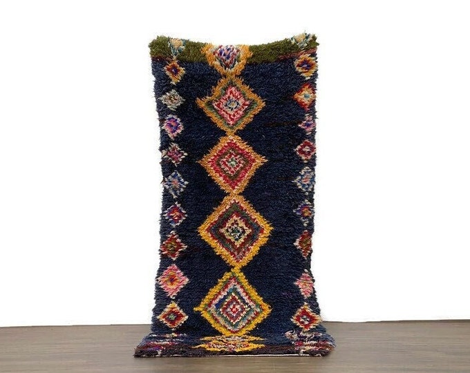 Berber Rug Vintage Rugs Handmade Carpet Shaggy Hallway Diamond Pattern (92x34 inch)