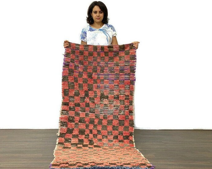 70s Moroccan Vintage Rug,Checkered Area Rug, Nustic Floor Cherouite Runner,EThnic Kilim Rug