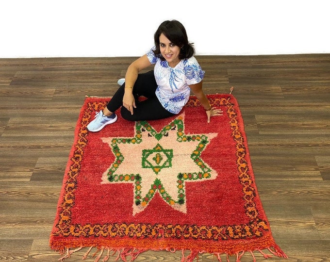 Square Rug Moroccan Rug Hand-Knoted Living Room Rug Berber Runner Boho Area / 4x4 Feet
