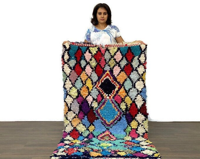 6x3 ft,Vintage Azilal Entryway Shag Pile Carpet, Soft Wool Area Rug,Housewarming Gift,Blue Checkered Moroccan Rug