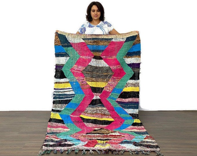 7x3 ft,Boucherouite Moroccan Rug, Modern BerberArea Rug,Housewarming Gift,Geometric Nurstic Rug
