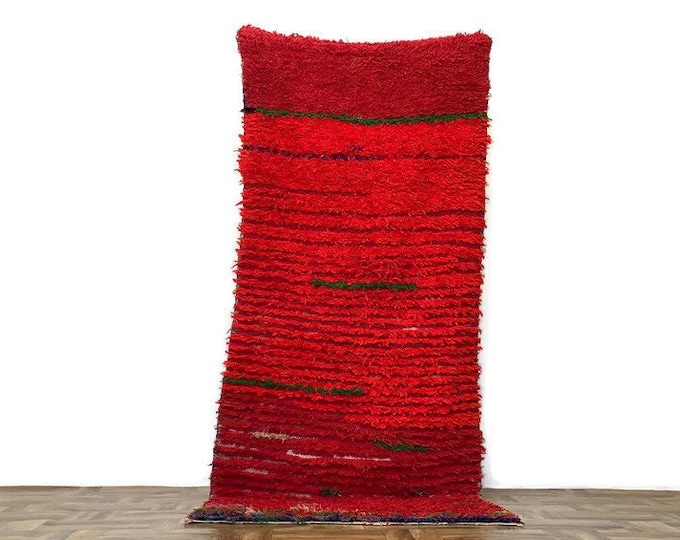 3'x7'ft,Handmade Vintage Moroccan Rug,Authentic Berber Wool Carpet,Boho Tribal Area Rug,Beni Ourain Azilal Home Decor ,Red Color