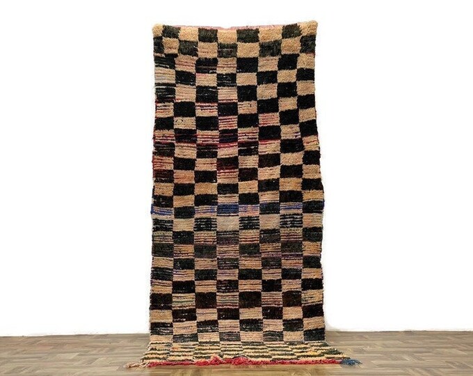 Checkered Rug  Moroccan Runner Handmade Carpet Checkeboard Rug  (9x3 ft) Shaggy Area Check Hallway