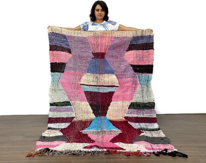 Cute Pink Carpet Handmade Rug  Berbere Hand Knotted Boucherouite Hallway Rug Moroccan Plat-woven 230cmX126cm
