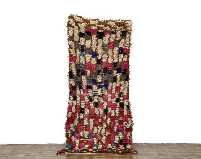 Colorful Check Runner Rug Nustic Floor Cherouite Runner Electic Luxurious Fluffy Rug Handmade Area 2.7x6.8 ft
