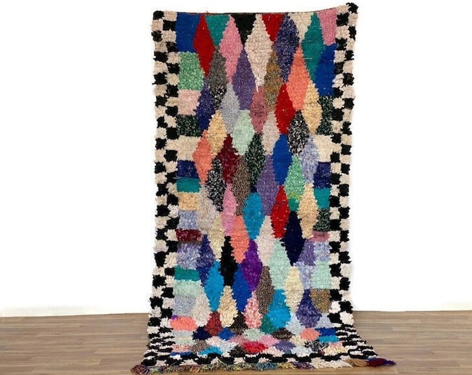 Boho Runner Diamond Pattern Boucherouite Carpet Handmade Hallway Colorful  255x112 cm