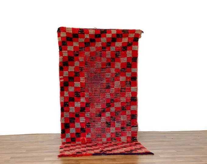 Vintage Checkered Runner Handmade Berber Carpetr Moroccan Hallway''Area Wool Tapis   3x6 ft