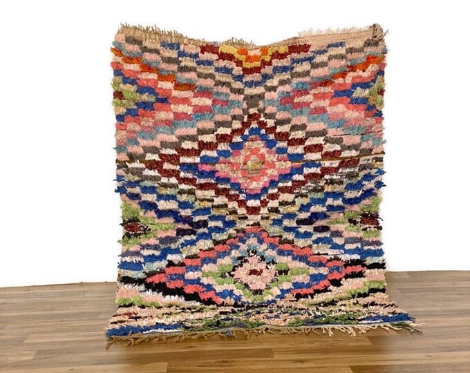 3'x4'5 ft,Handwoven Berber Wool Rug,Authentic Tribal Carpet,Beni Ourain Decor,Boho Wool Area Rug,Checkered  Rug