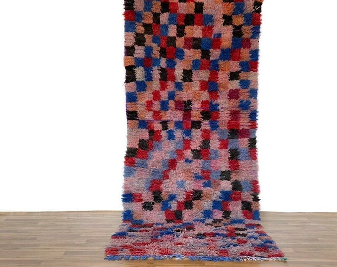 Checkered  Runner Teppiche Carpet  9'x3'6'FT Checkebord Rug Shaggy Runner Boucherouite Colorful
