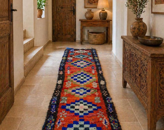 Red Moroccan Rug Vintage Handmade Boho Rug Berber Area Rug Colorful Tribal Carpet Home Decor (2'x7'5")ft