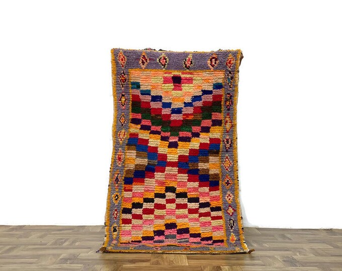 Boho Checkered  Rug Vintage Carpet  4'5'x2'4'FT HandWoven Checkebord Runner  Yarns Hallway Colorful