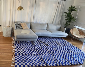 Blue & White Checkered Moroccan Rug ,Handmade Wool Berber Area Rug ,Custom Size Modern Carpet