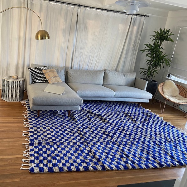Amazing Check RLiving Room Rug  Teppich Area " Wool " Shaggy  Carpet Checkerboard Runner  Blue And White