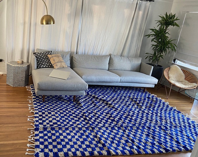 Amazing Check RLiving Room Rug  Teppich Area " Wool " Shaggy  Carpet Checkerboard Runner  Blue And White