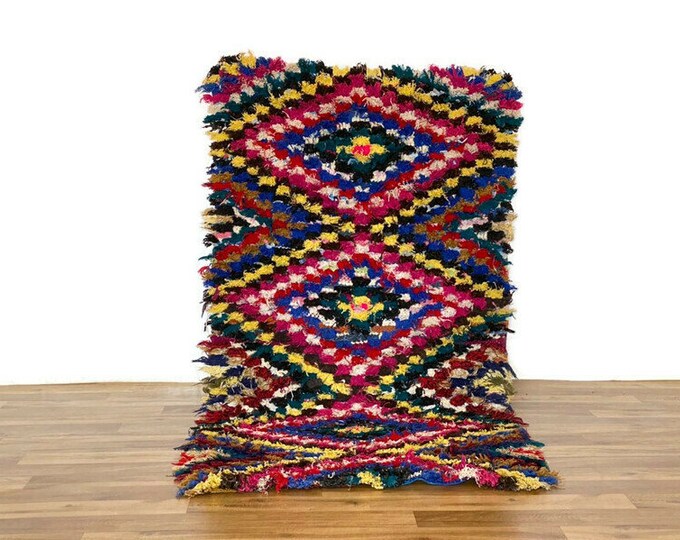 Geometric Rug  Checkered Runner Vintage Carpet Handmade  Hallway  Boucherouite Clorful 5.5'x2.8' FT