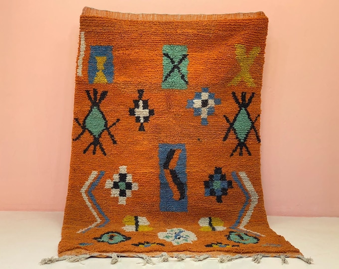 Orange Boujaad Rug Handmade Carpet, Berber Azilal Natural Artwork Sofa Rug, Moroccan Home Fourniture Faded Colors Rug