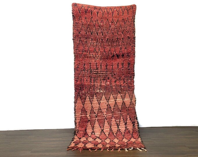 Vintage Moroccan Runner Rug 3x8.5 ft – Brown Wool Hallway Carpet – Handmade Boho Berber Rug – Narrow Tribal Area Rug-Stair Runner