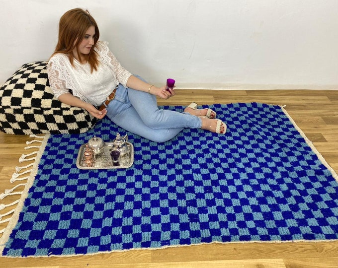 Blue Checkred Carpet Handmade  Hallway " Wool " Shaggy  Rug Checkerboard Runner