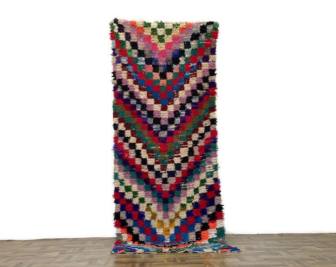 Checkered Moroccan Runner Rug ,3'x8' ft,Handmade Berber Boho Carpet , Handwoven Beni Ourain Wool Rug Tribal Berber Carpet
